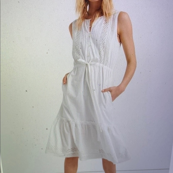 Lucky Brand Sophia White Eyelet Scoop Neck Sleeveless Tie Waist SunDress Large - Picture 2 of 8